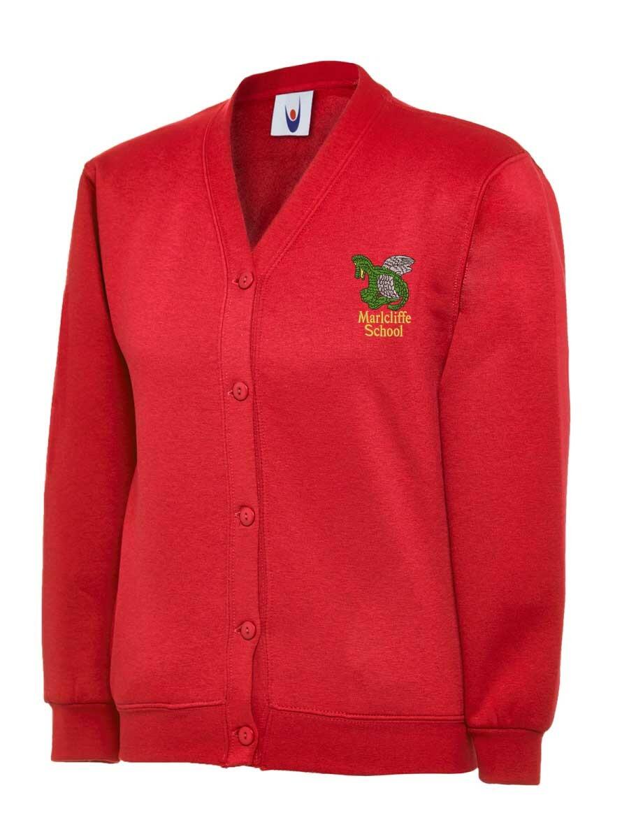 Red cardigan with button-up front, featuring an embroidered green bird and text reading "Marlcliffe School" on the left chest. The cardigan has long sleeves and a ribbed hem.