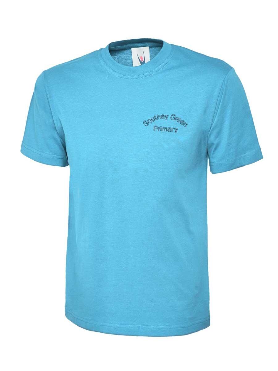 Sky T-shirt with blue text on the chest that reads "Southey Green Primary."