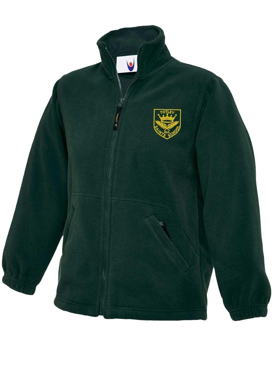 Dark green fleece jacket with a zip-up front and a high collar. The left chest features an embroidered yellow emblem. The jacket has two front pockets and elastic cuffs.