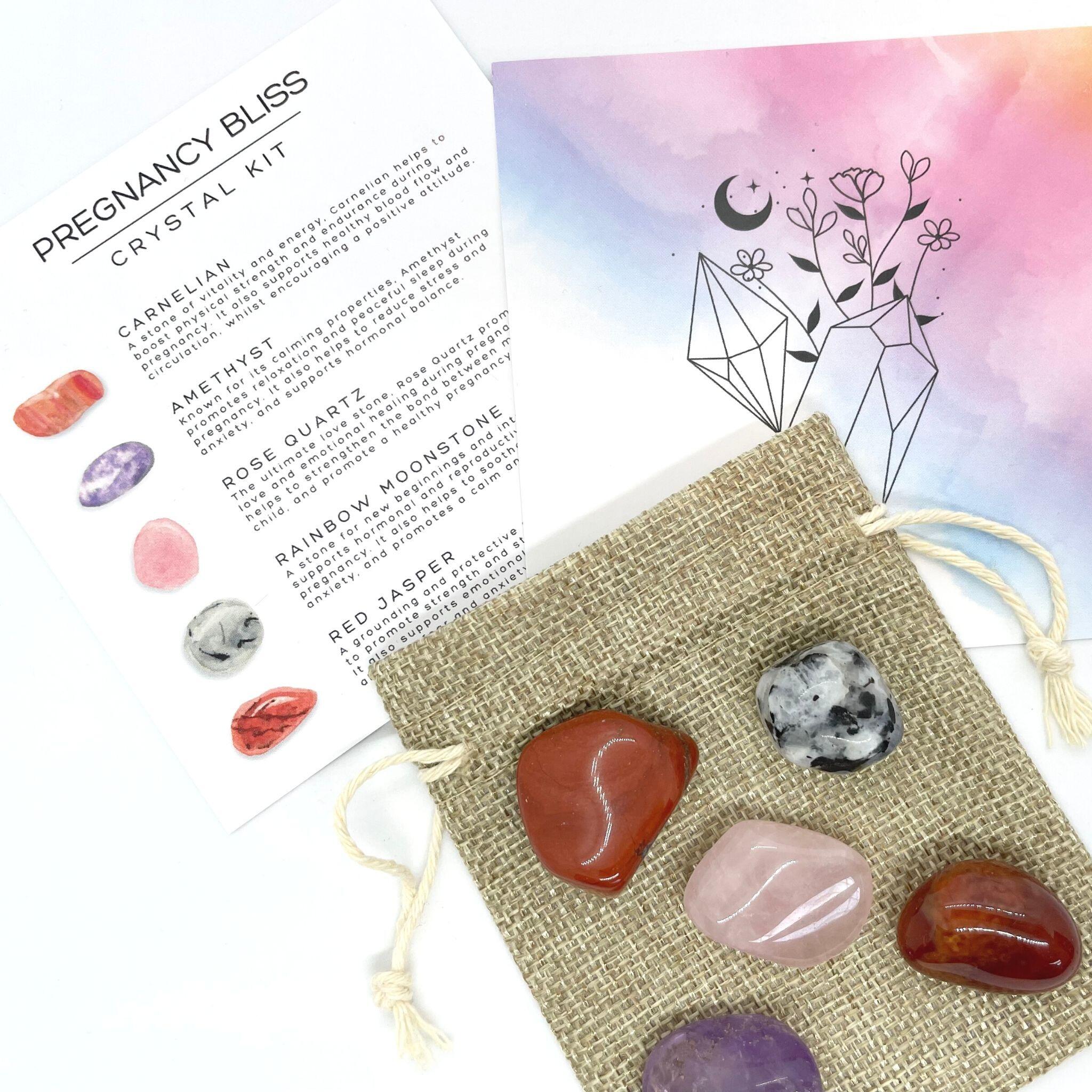 Pregnancy Bliss Crystal set with pouch bag, information card and five different healing crystals