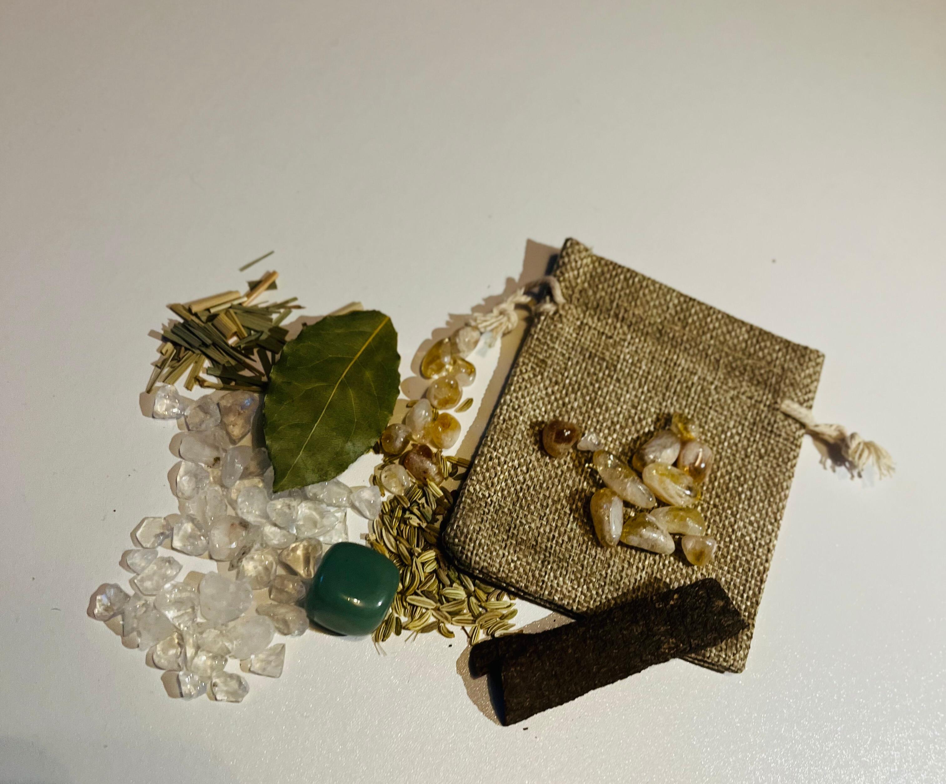 Eco-friendly spell bag with crystals and herbs