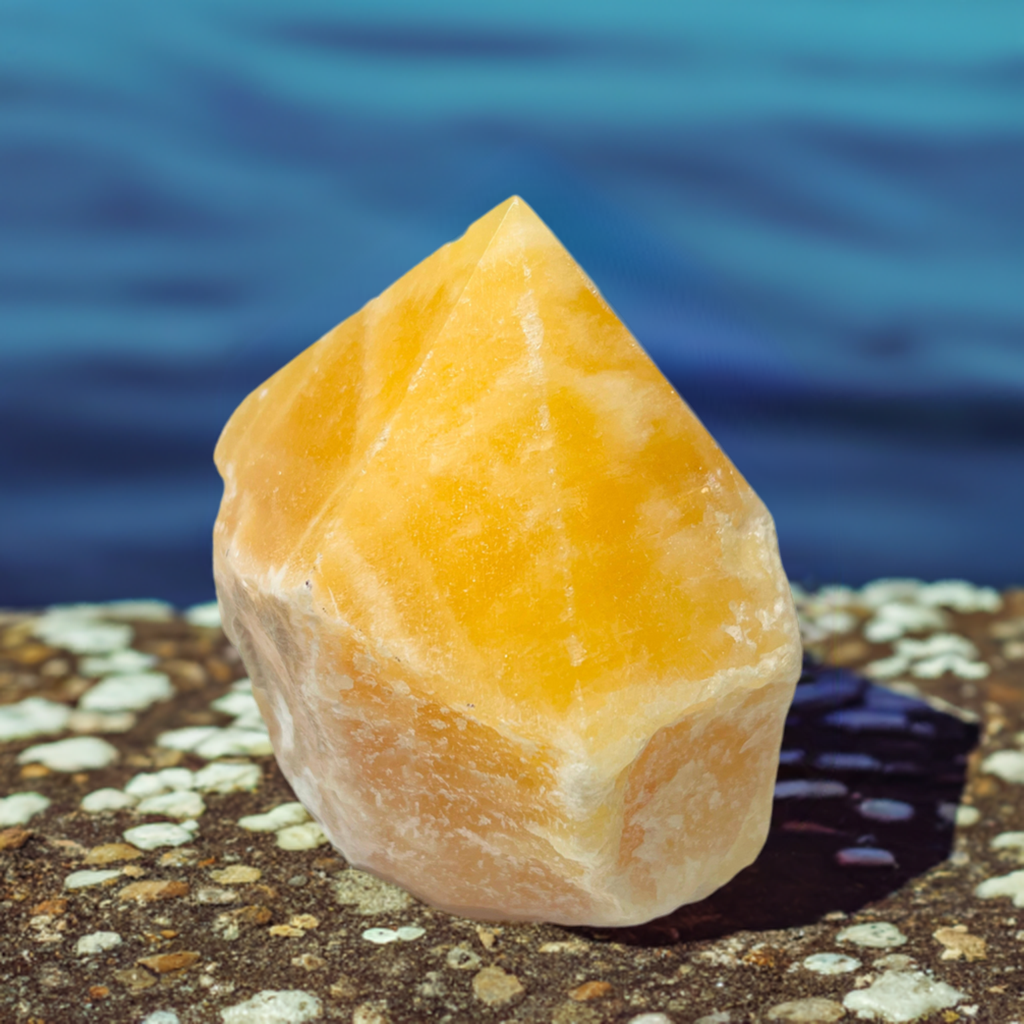 Orange Calcite with blue sea behind it