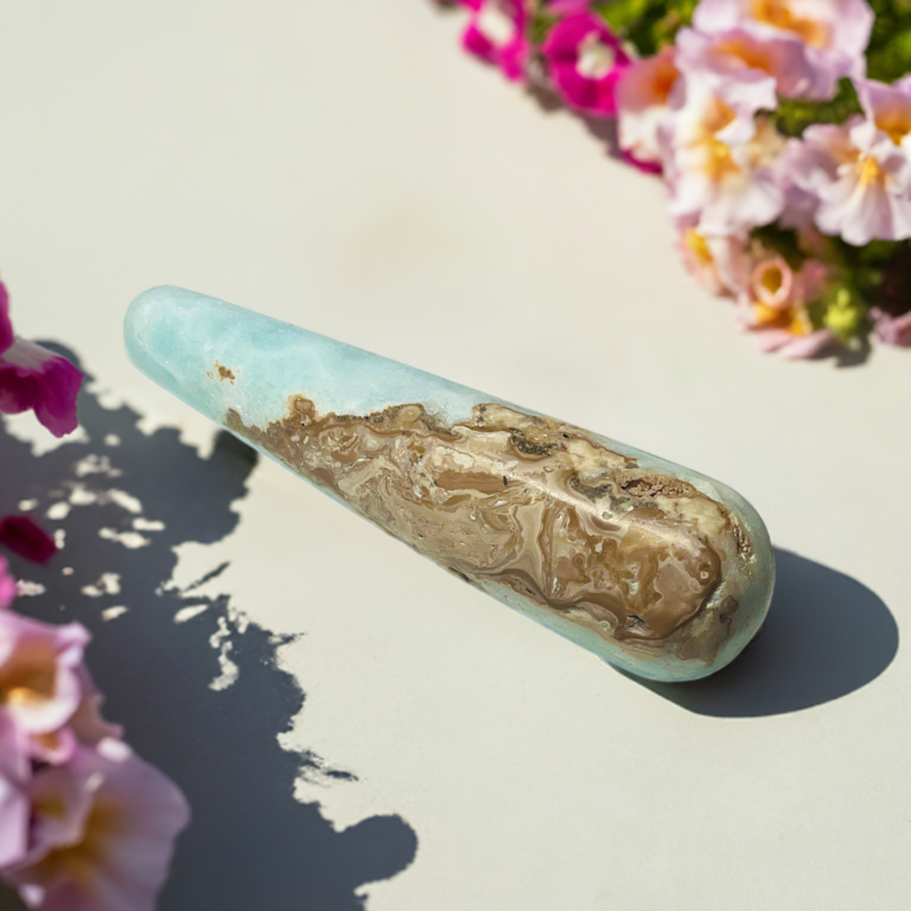 Caribbean Blue Calcite Wand with pink flowers