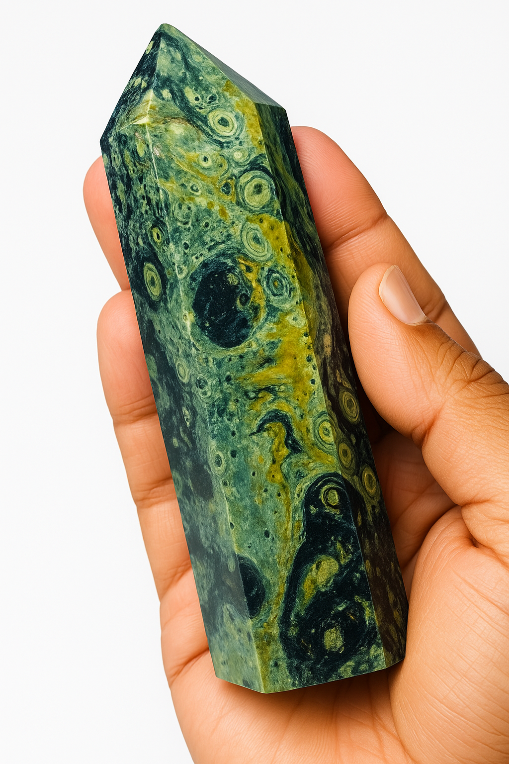 1 Bright green Kambaba Jasper crystal held in someones hand