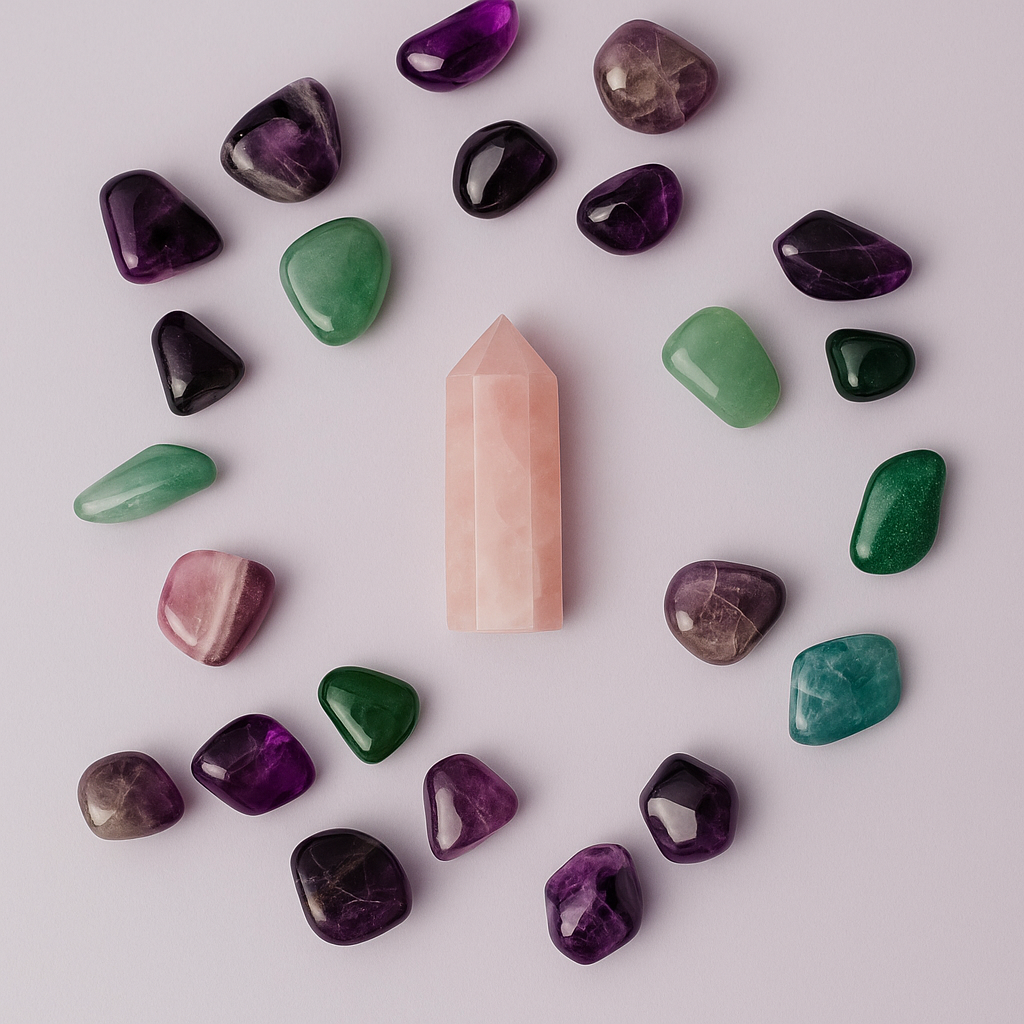 Crystals displayed in a circle shape on a table