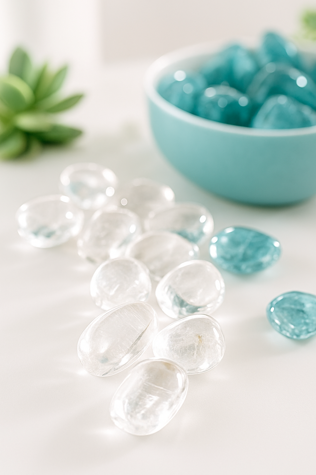 Clear Quartz tumbles on a table with blue crystals next to them