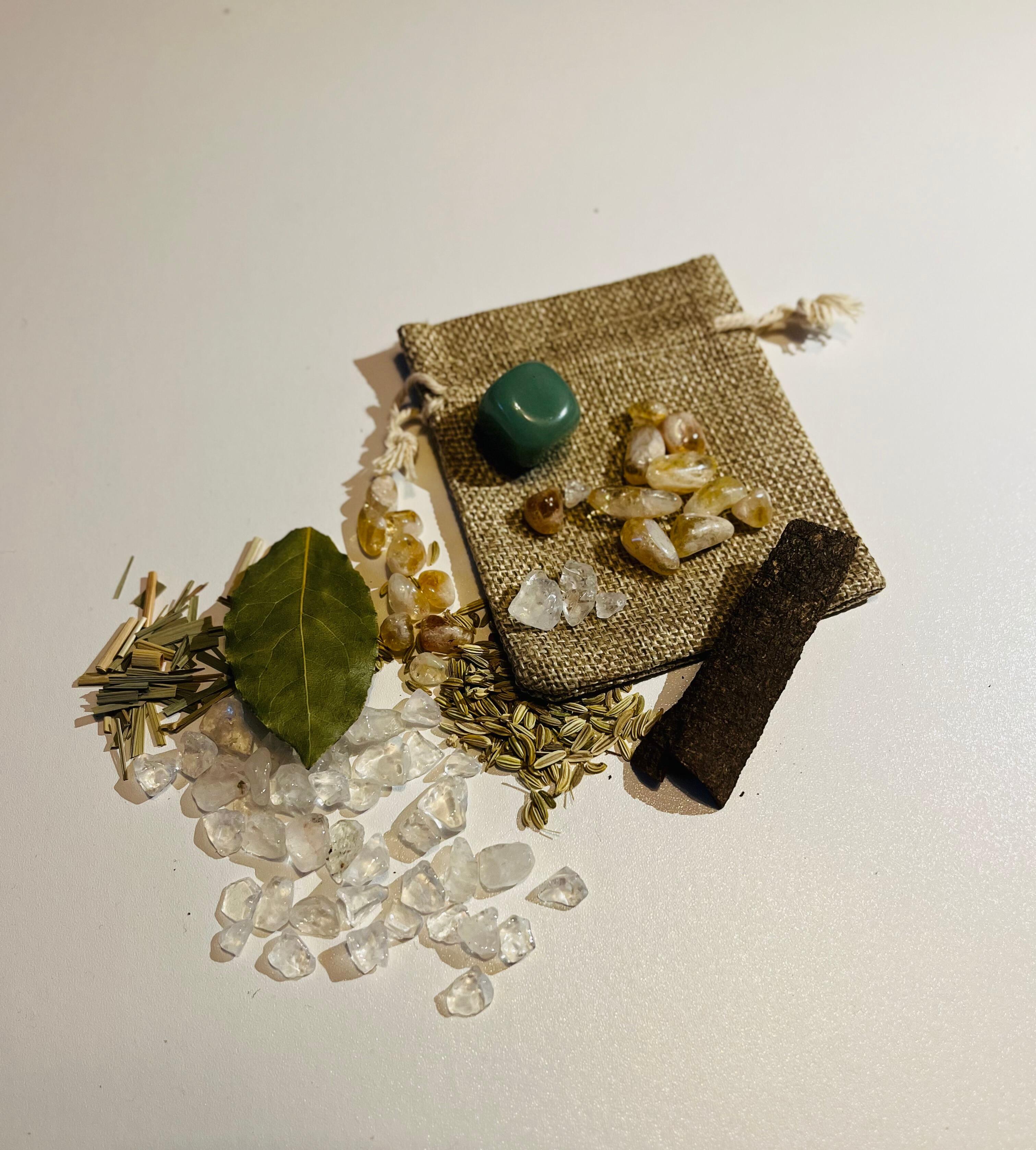 Eco-friendly crystal spell bag with crystals and herbs