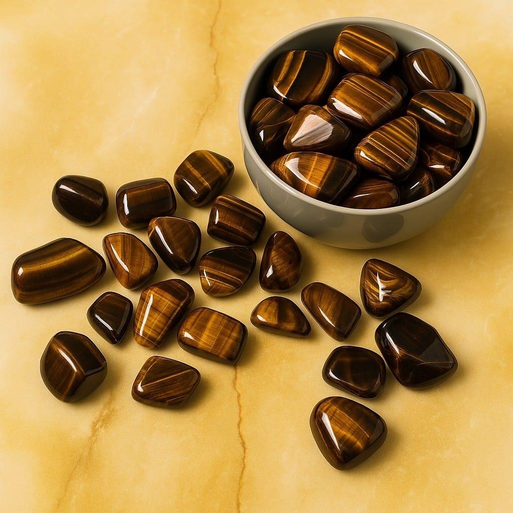 Tigers eye tumbles in a bowl and some scattered around it