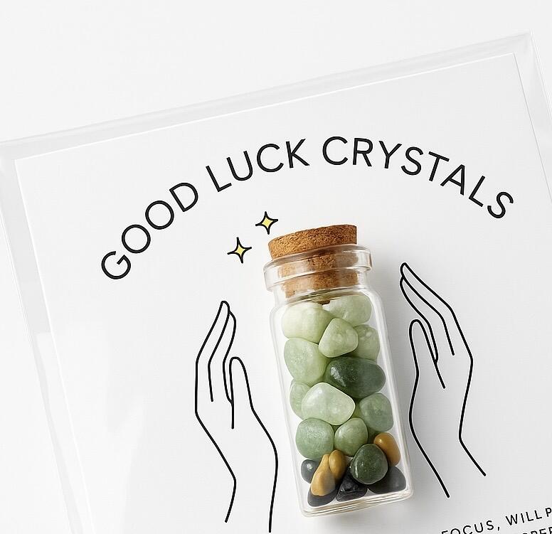 Crystal chips jar on a information card about good luck