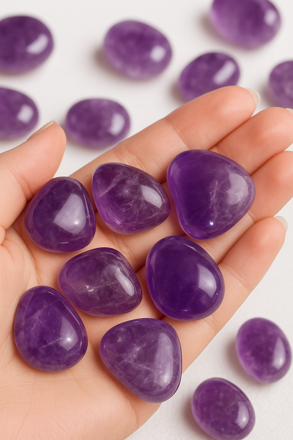 Amethyst tumbles in the palm of someone’s hand