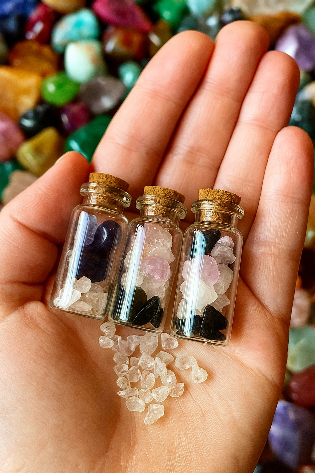 3 Chakra crystal chips jar held in someone’s hand
