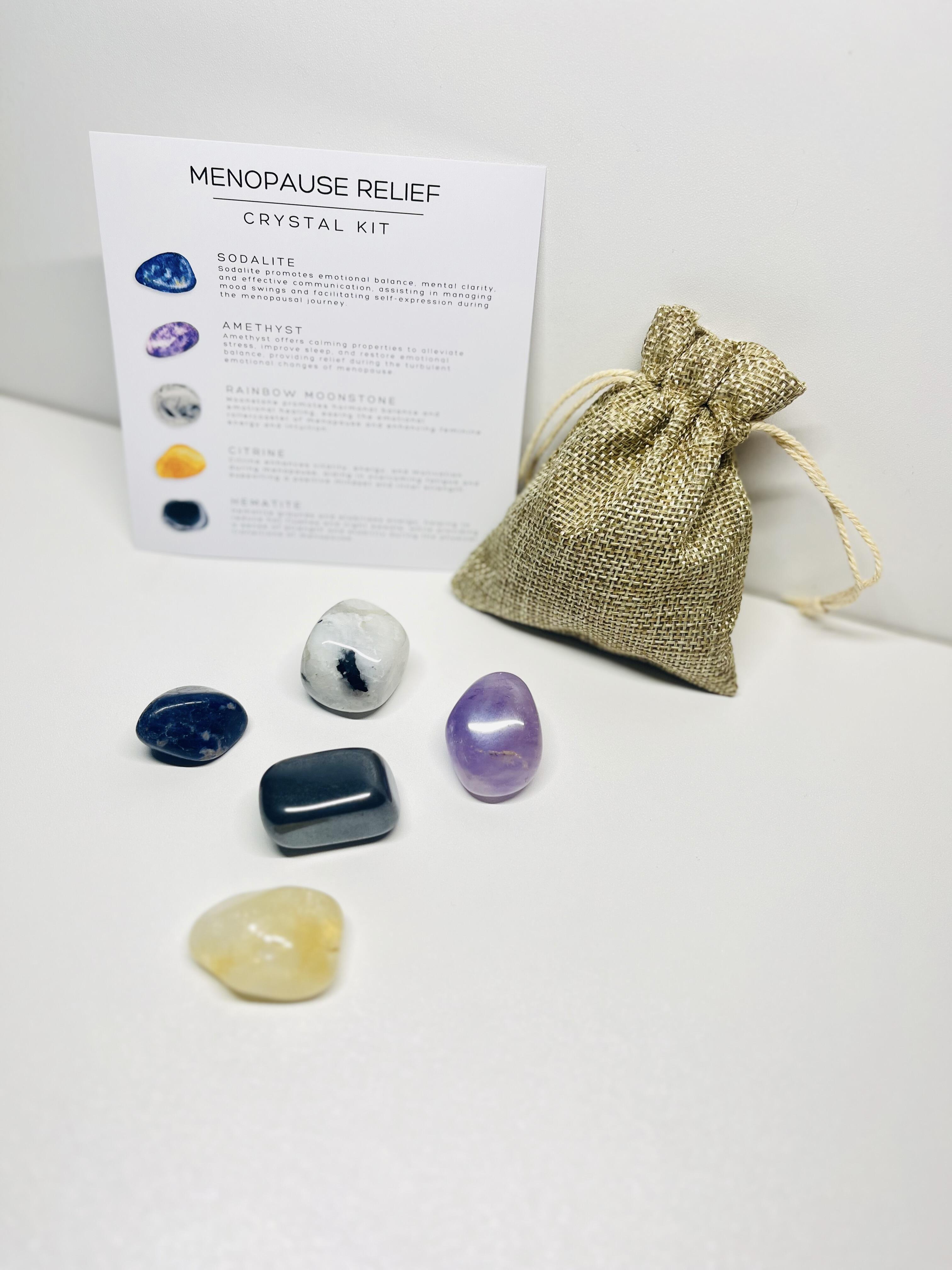 Menopause relief healing crystal set with pouch bag and five stones andinformation card