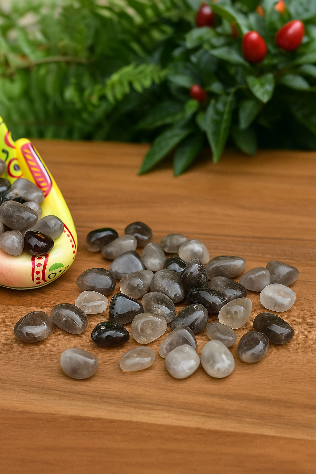 Smokey quartz on a brown table