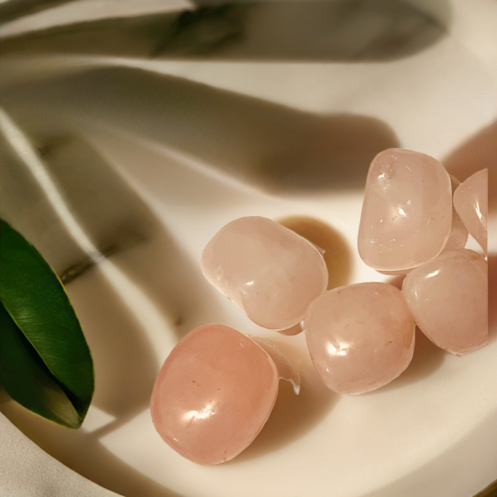 Rose Quartz Tumbles on a table with a green leaf next to them