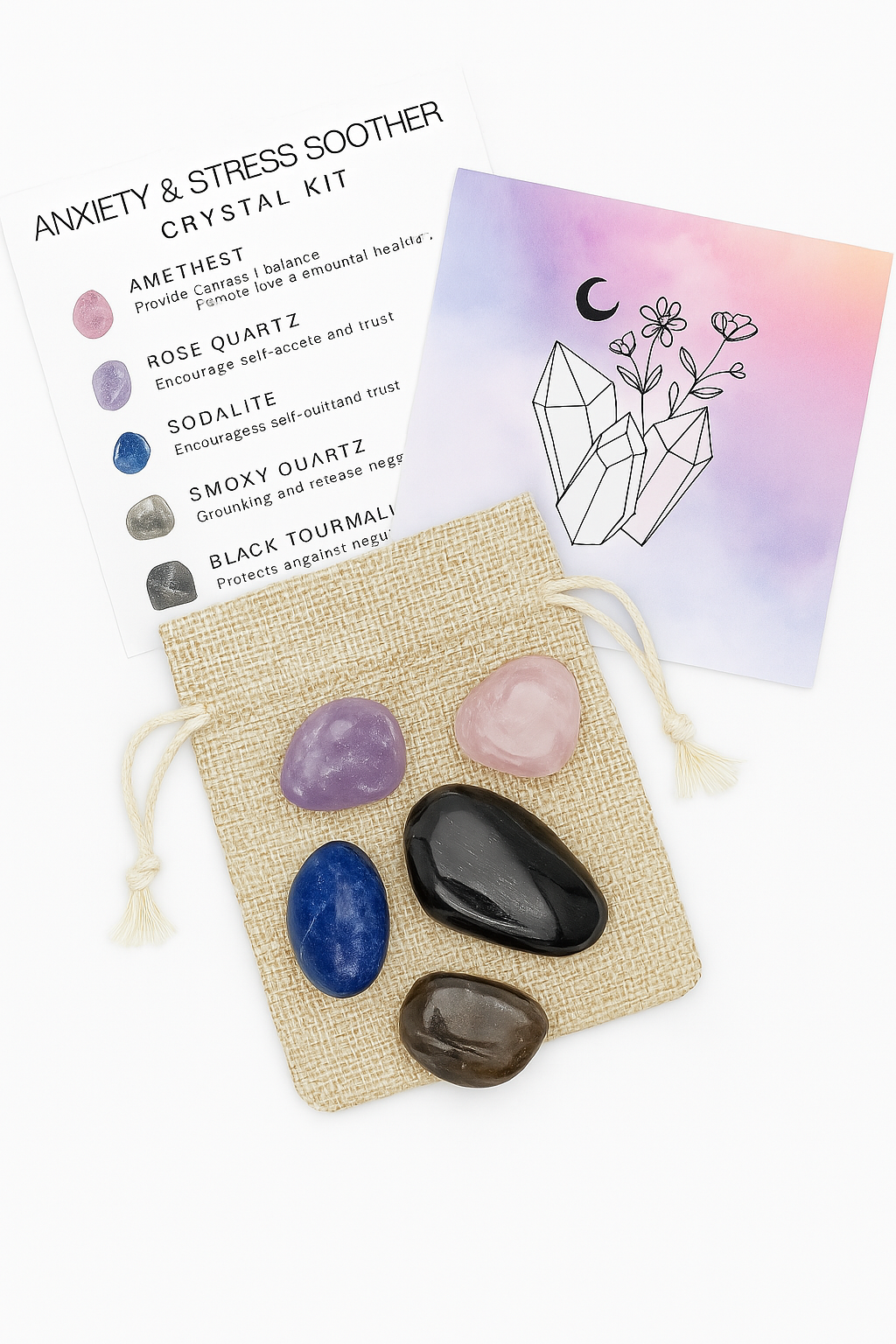Anxiety and Stress Soother Crystal Kit, 5 crystals with information card and a bag