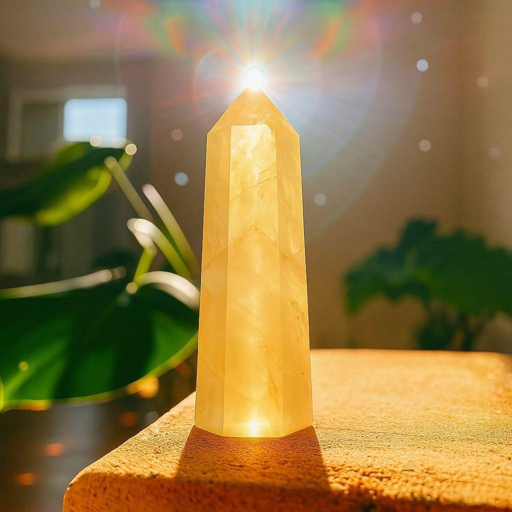 Yellow Citrine Tower on a table with sunlight from it
