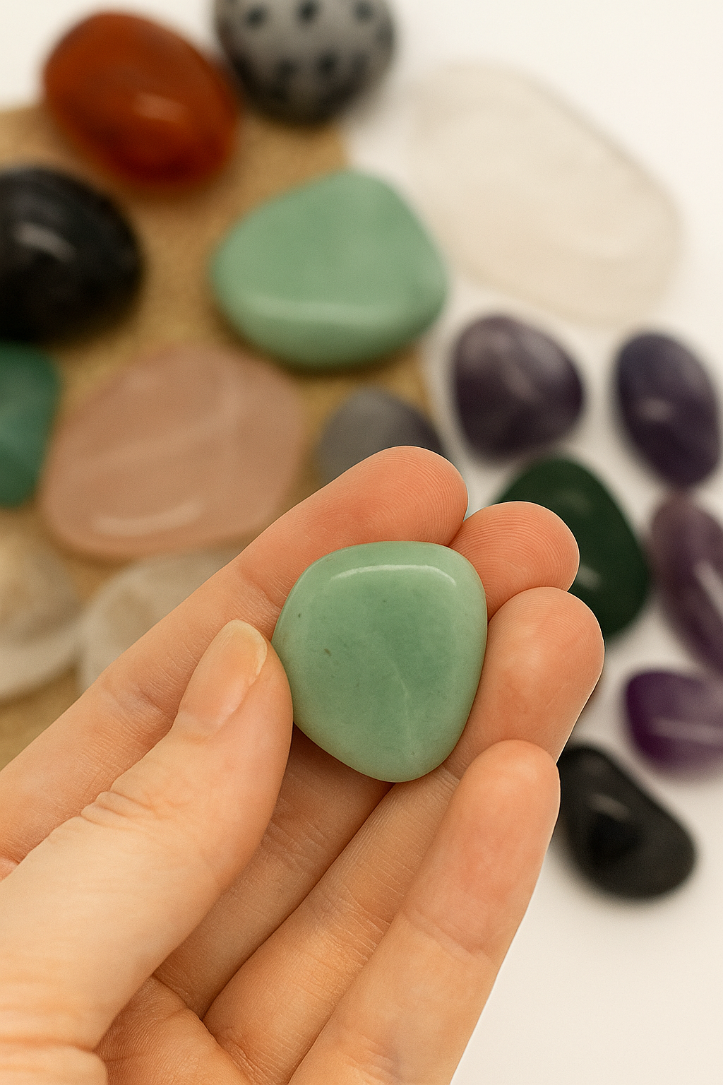 Green Aventurine crystals for wealth in someones hand