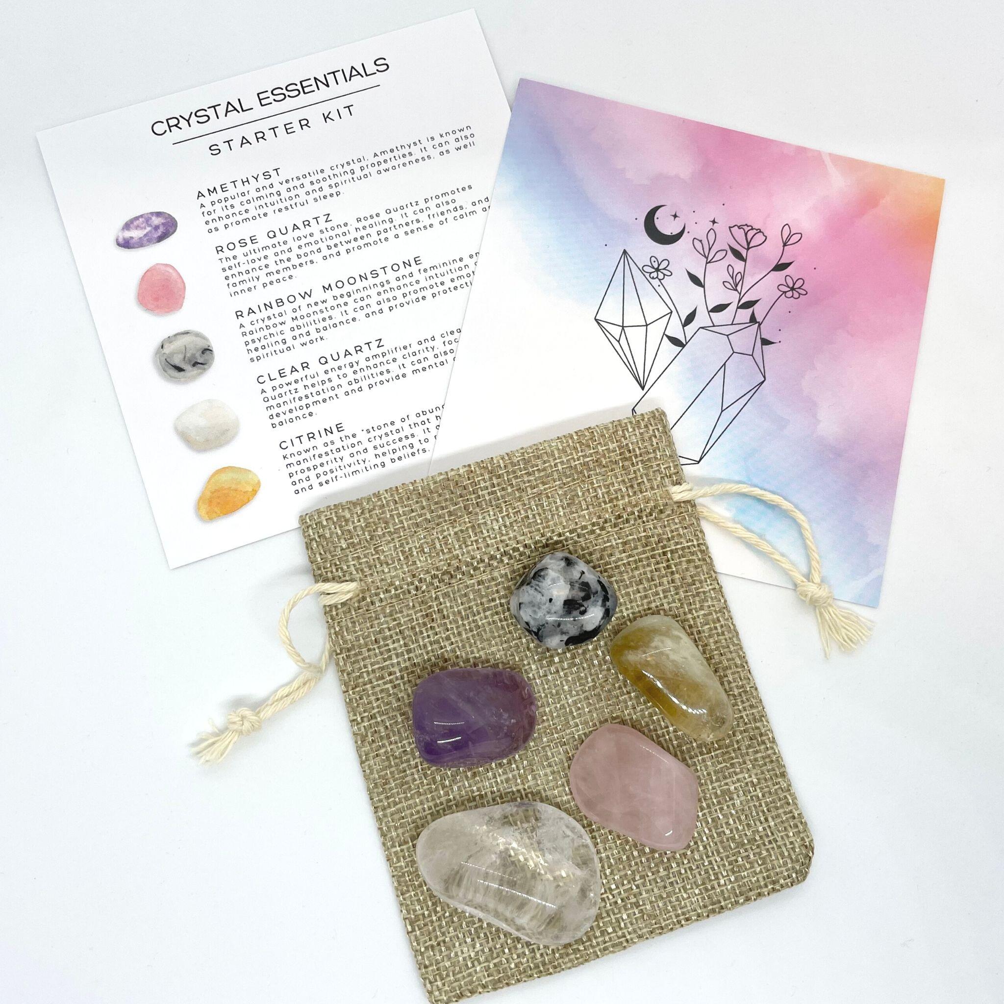 Crystal Essentials healing Kit for beginners with five crystals displayed on a pouch bag