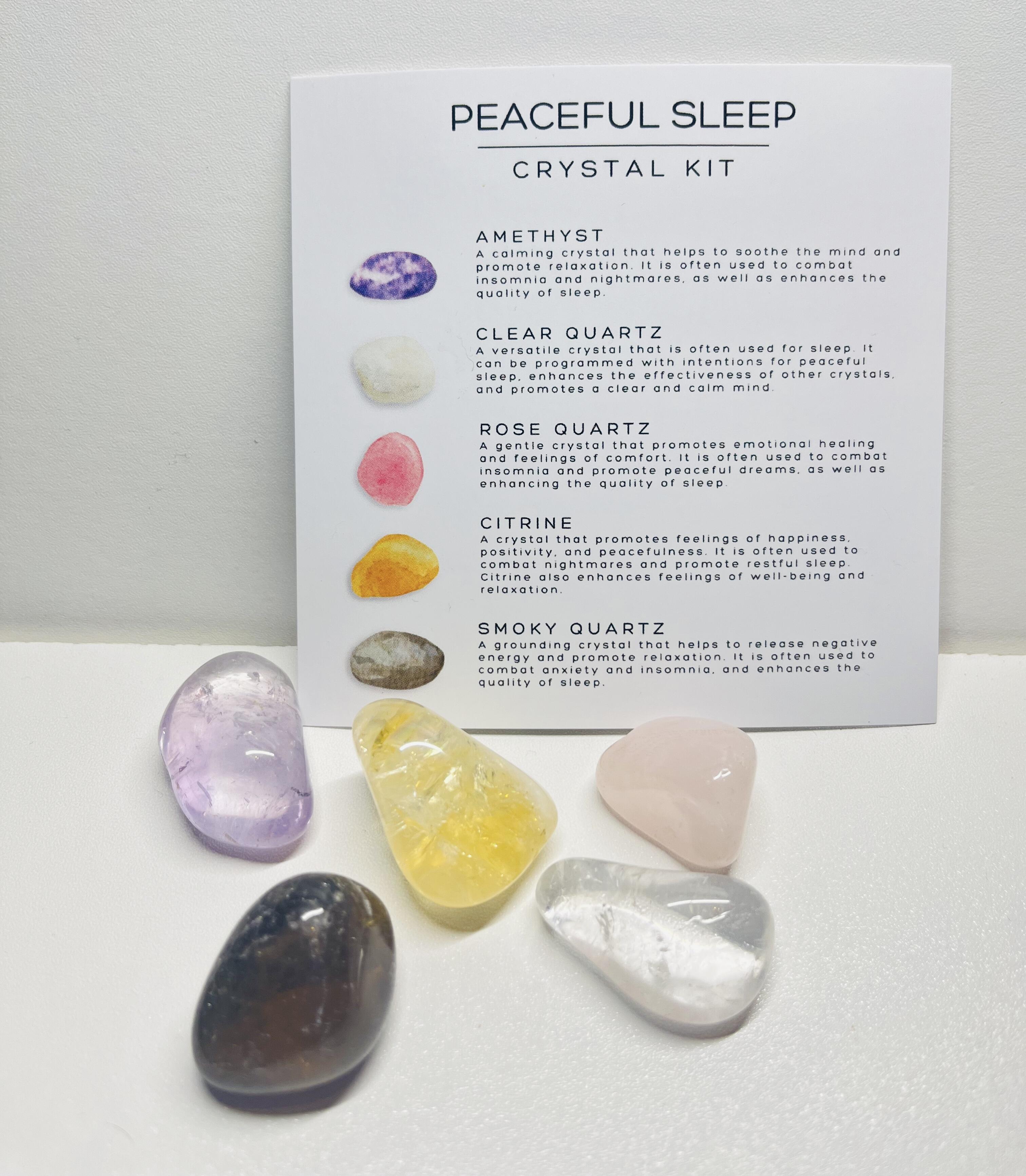 Peaceful Sleep Healing Crystals, five crystal and a information card