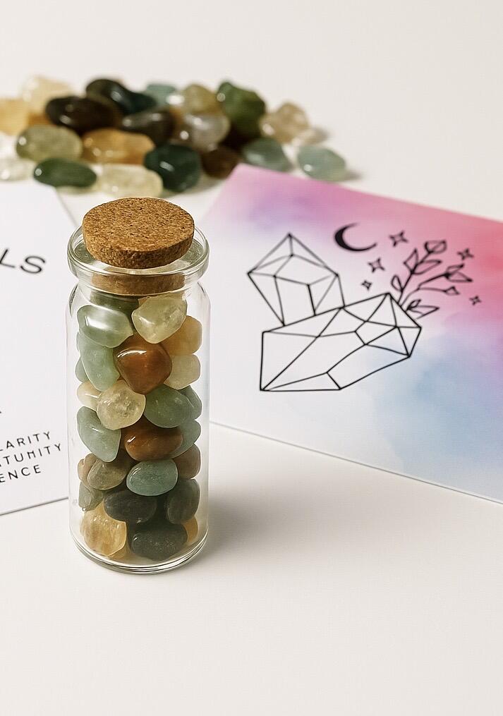 lots of small crystal chips in jars and some  crystal chips scattered on the table