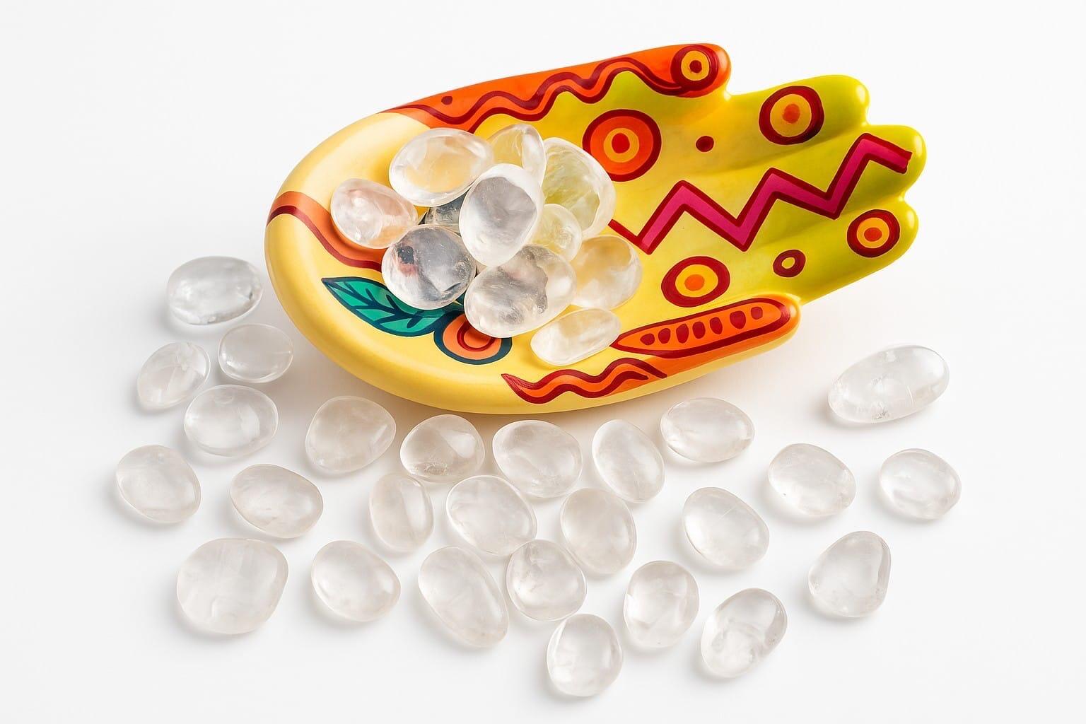 Clear Quartz tumbles displayed on table and on a ceramic hand