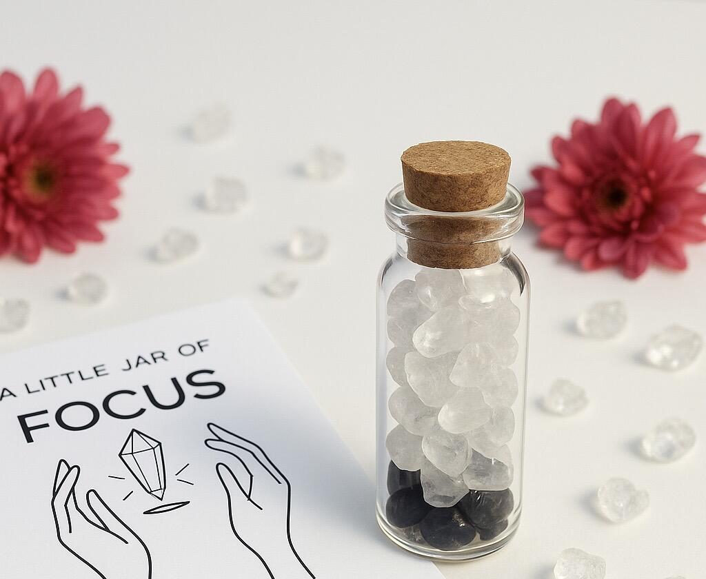 Focus crystal chips jar laid on top of a card with flowers