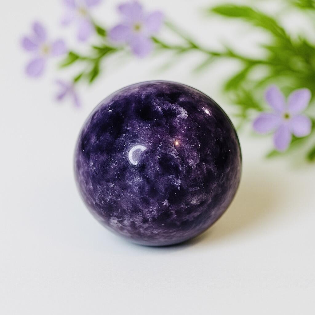 Lepidolite sphere crystal with pink flowers behind it