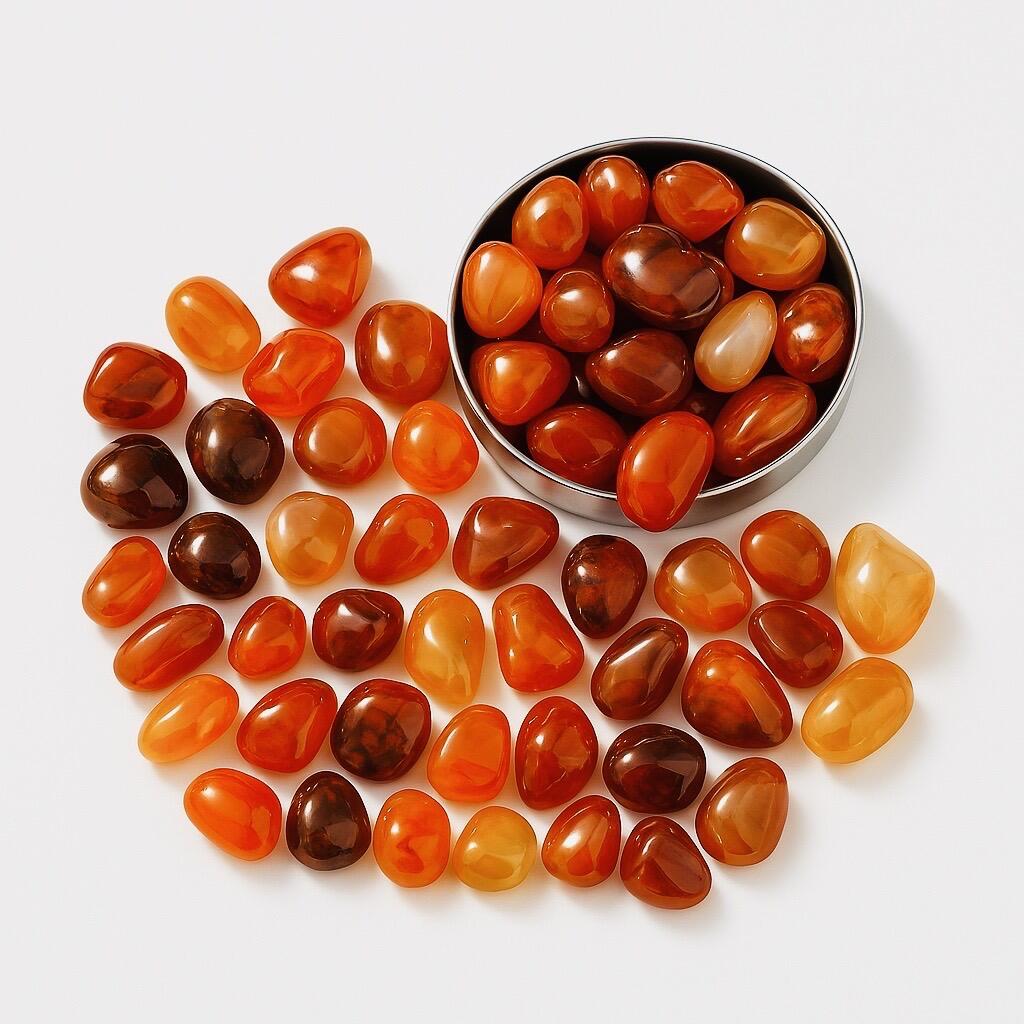 Carnelian tumbled stones in a bowl and some laid out on a white table