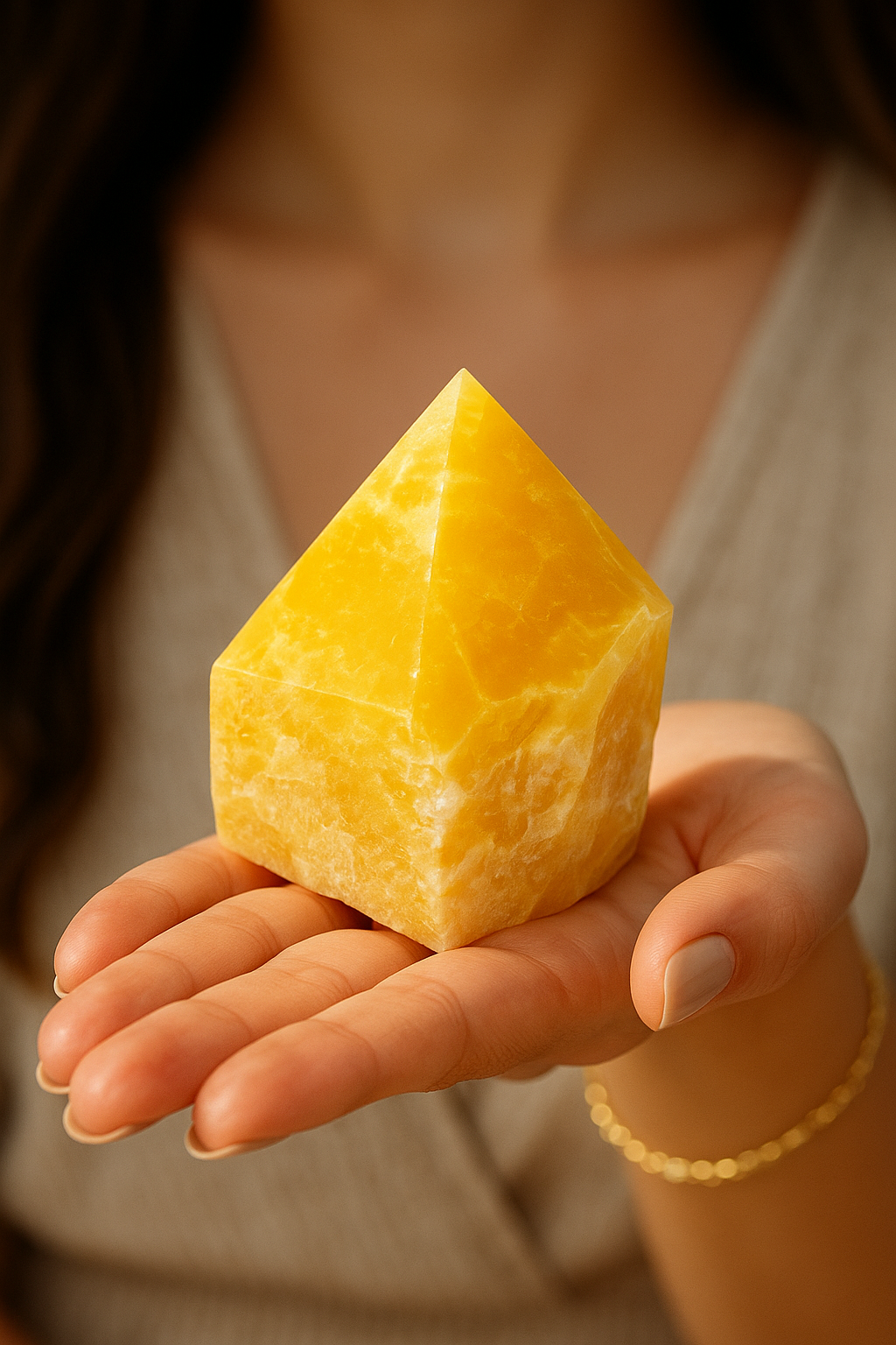 Orange Calcite held in the palm of someone’s hand