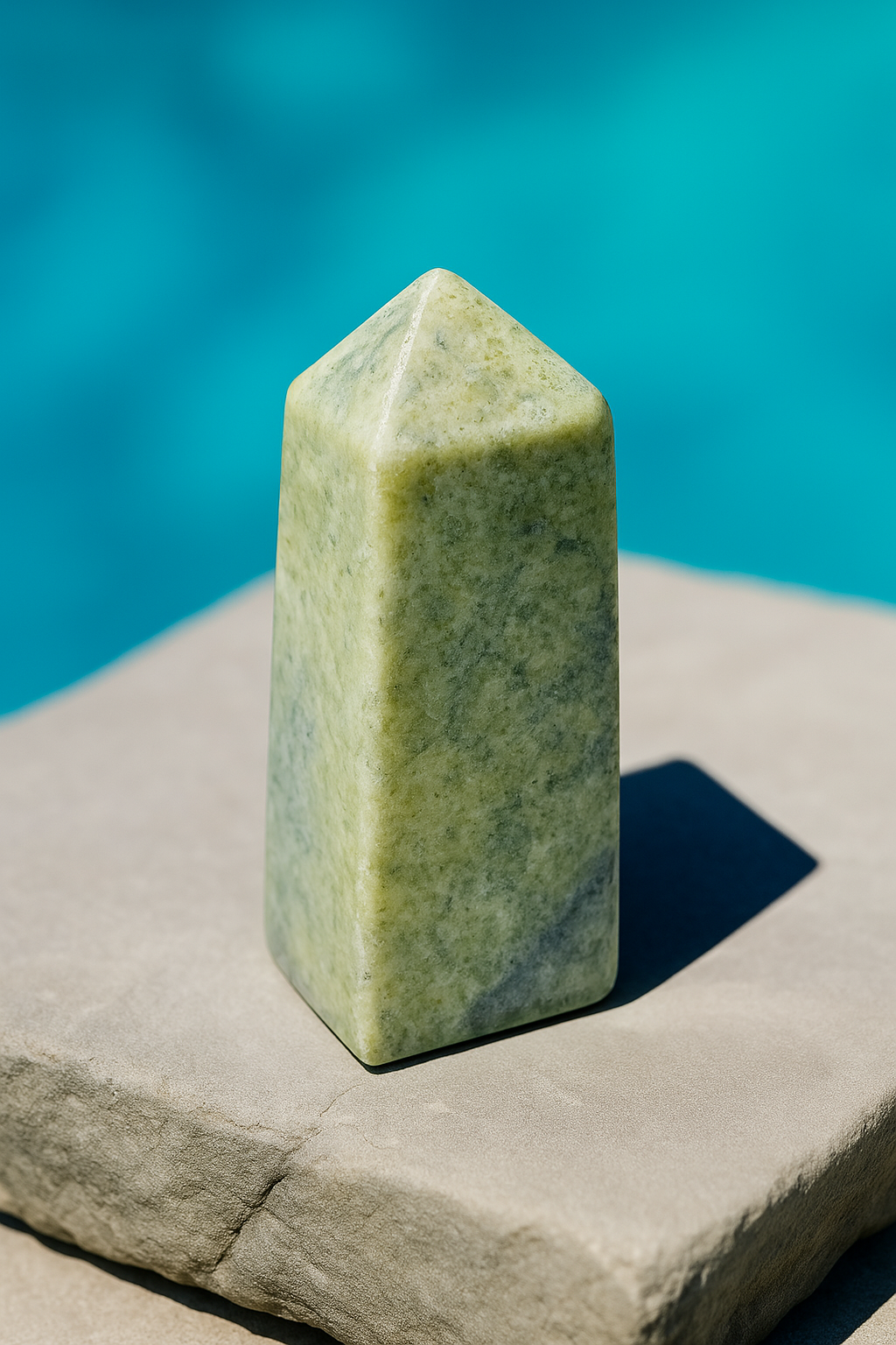 Hackmanite standing on a rock with a blue sea behind it
