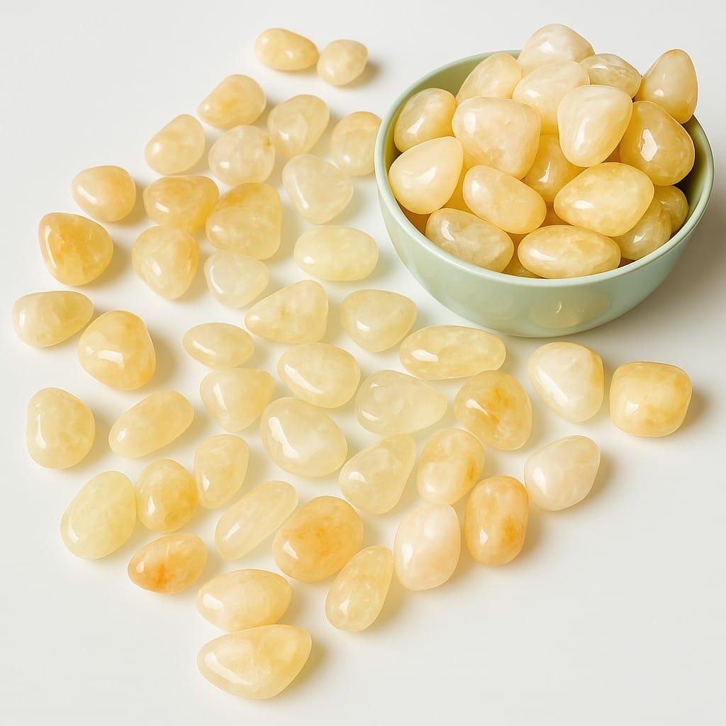 Citrine tumbles displayed in a bowl and some scattered on a table