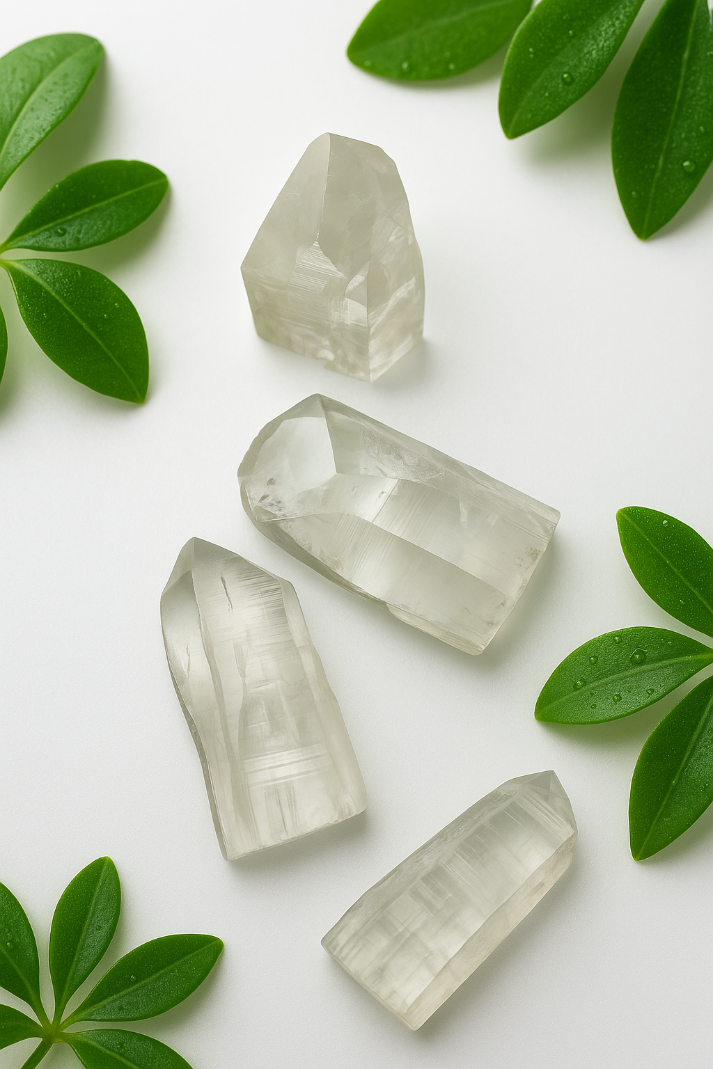 4 Lemurian Quartz with green plate around them