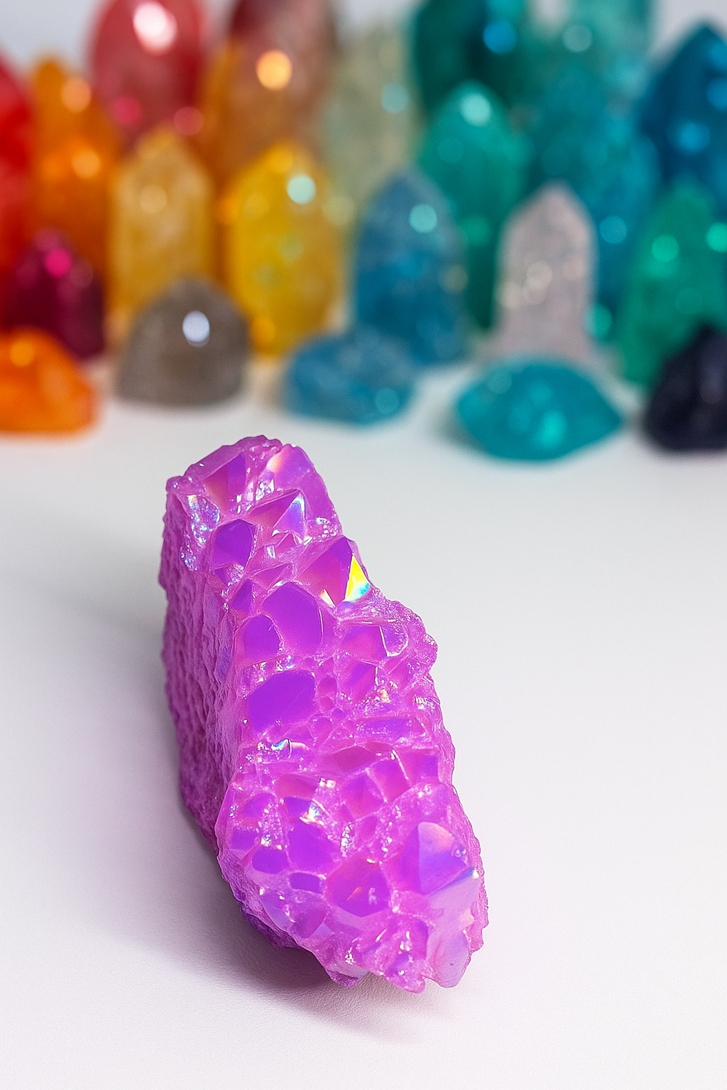 Lavender Aura Quartz on a table with colourful crystals in the background