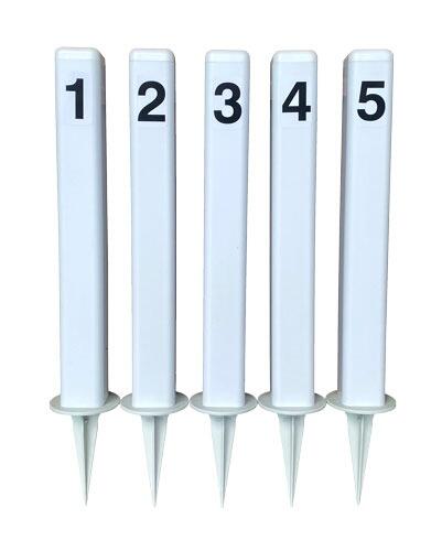 5 Plastic posts with number 1-5 on them on a white background
