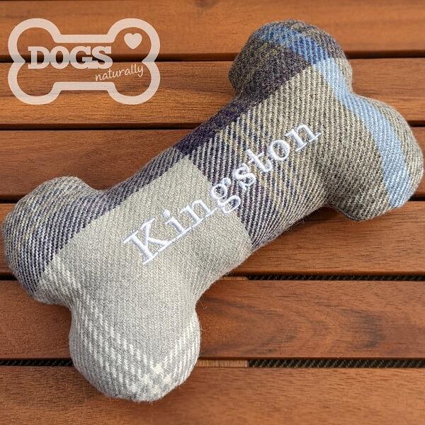Personalised Tweed Bone Toy Grey & Blue Kingston