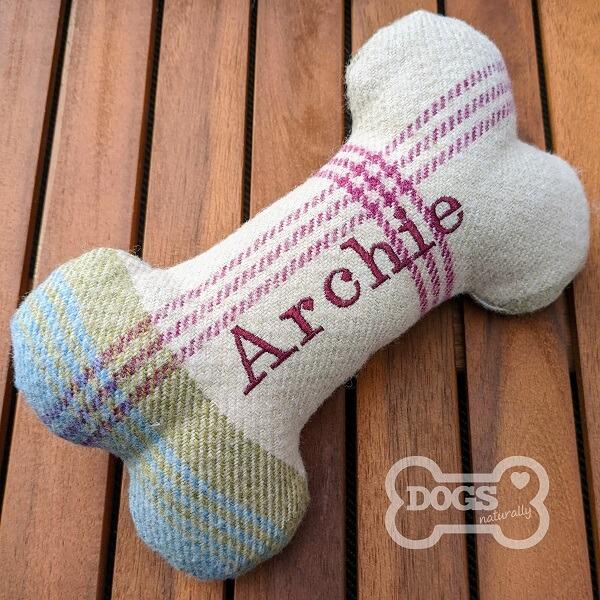 Personalised Tweed Bone Dog Toy Cream & Blue Archie