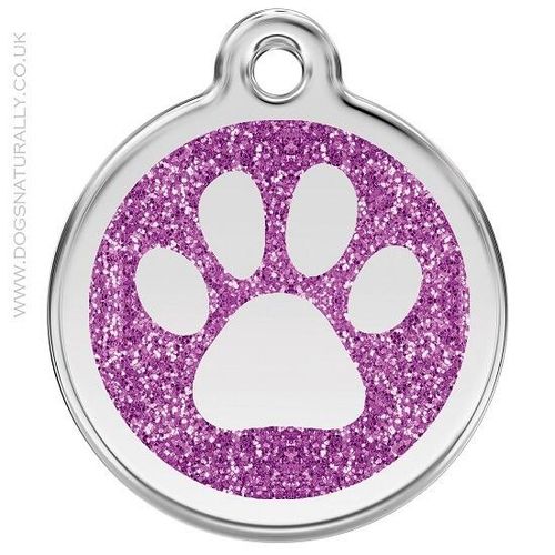 Purple Glitter Paw Print Dog ID Tag