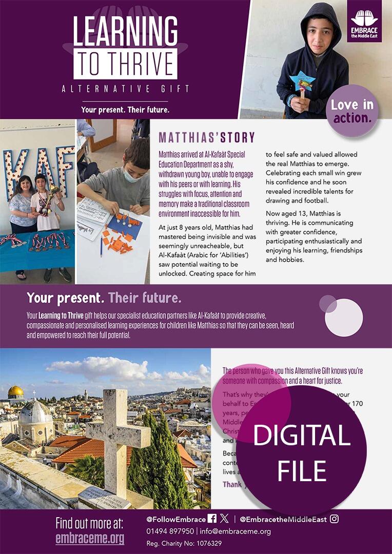 Embrace the Middle East - Alternative gift - Learning to Thrive - Example file. A gift card where the funds are used to help Embrace specialist partners provide education