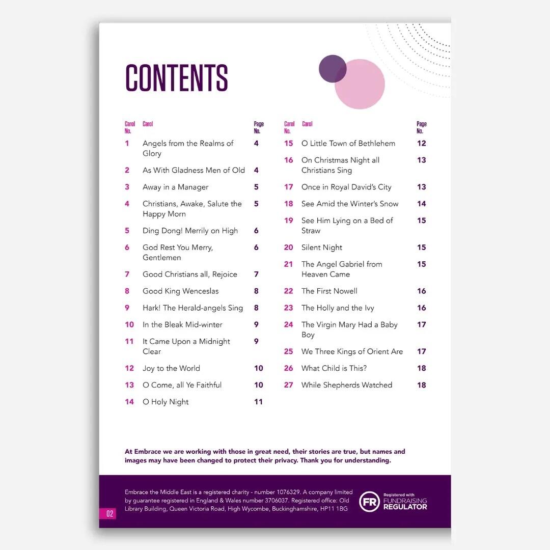 Embrace the Middle East - Bethlehem Carol Sheet 60th edition - carol contents