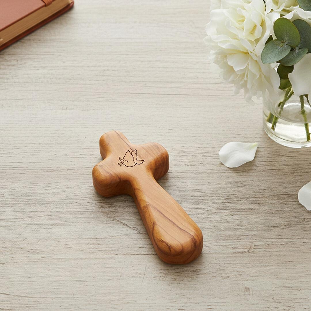Bethlehem olive wood dove of peace holding cross lifestyle