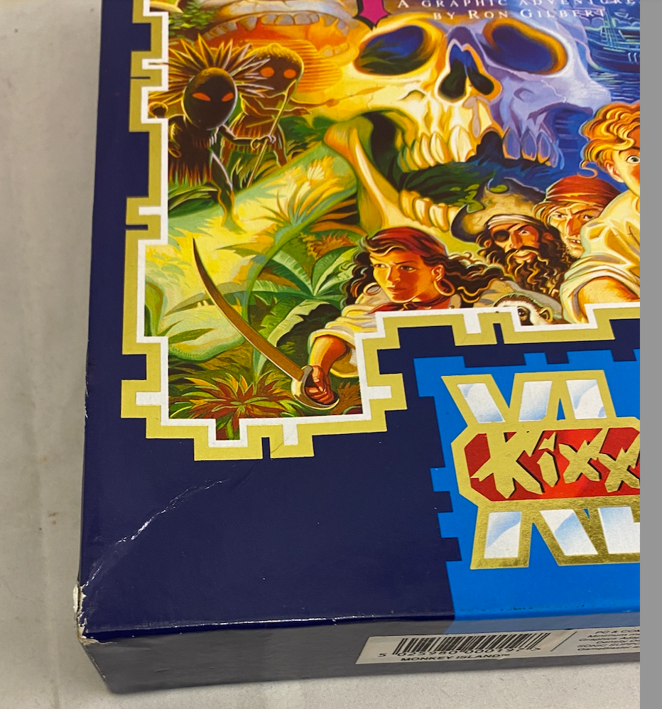 Monkey Island KiXX XL PC box close-up - visible crease on front panel