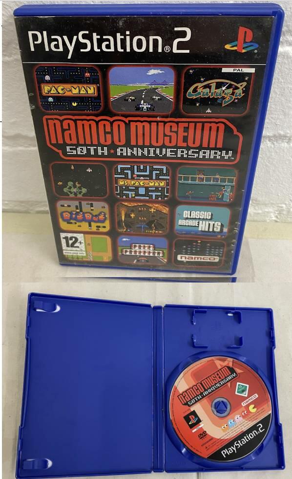 PlayStation 2 Namco Museum game case opened to show disc inside, manual missing.