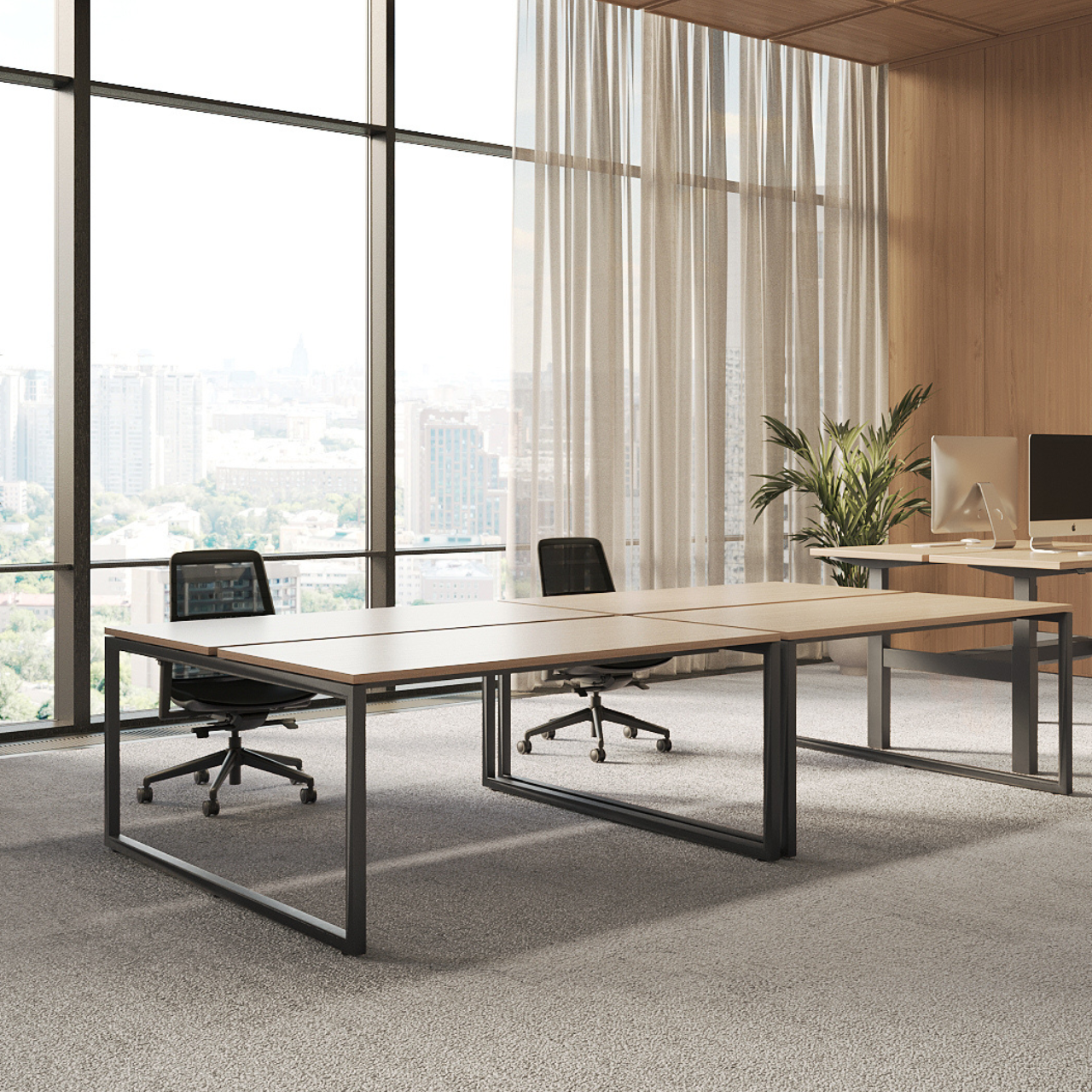 Durable Lavoro Lanto shared workstation with floating desktops and ring frame legs