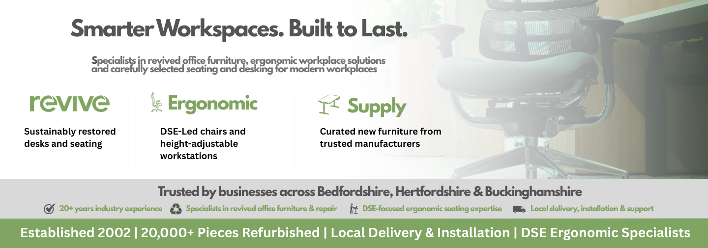 Revived office furniture and ergonomic workplace solutions by All About The Office in Bedfordshire.