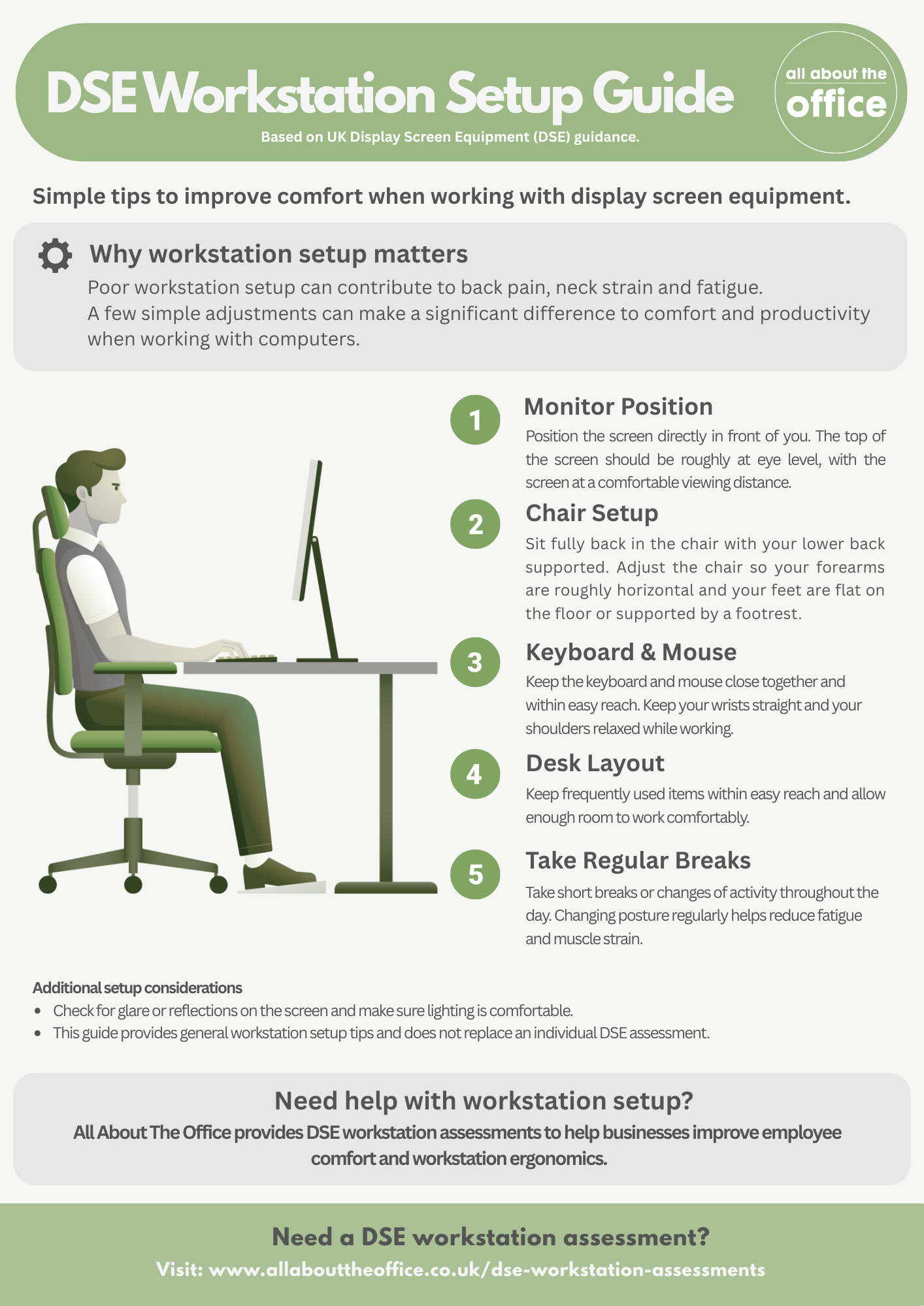 DSE workstation setup guide showing correct office chair posture and monitor position