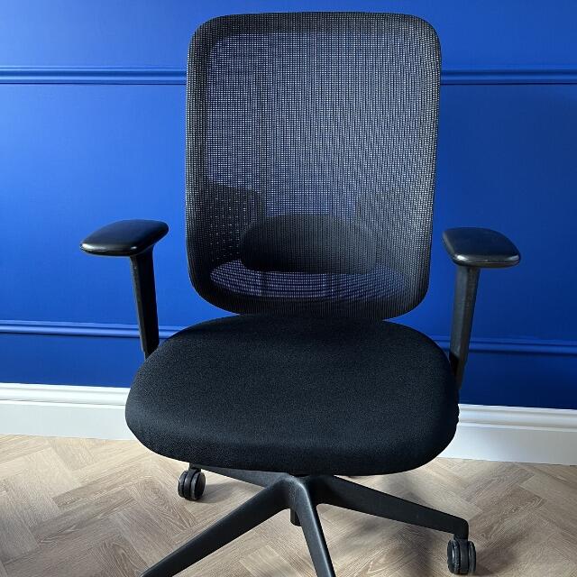 Refurbished Orangebox DO task chair in black mesh, featuring adjustable arms and adjustable seat depth