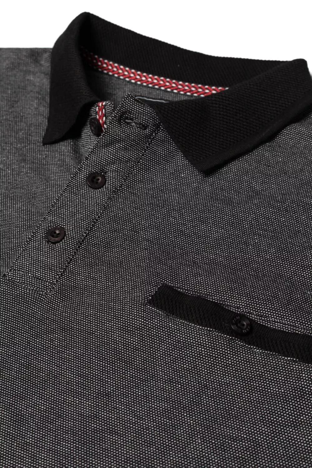 Men's Black Polo Shirt with Jacquard Collar, Cuffs and Chest Pocket