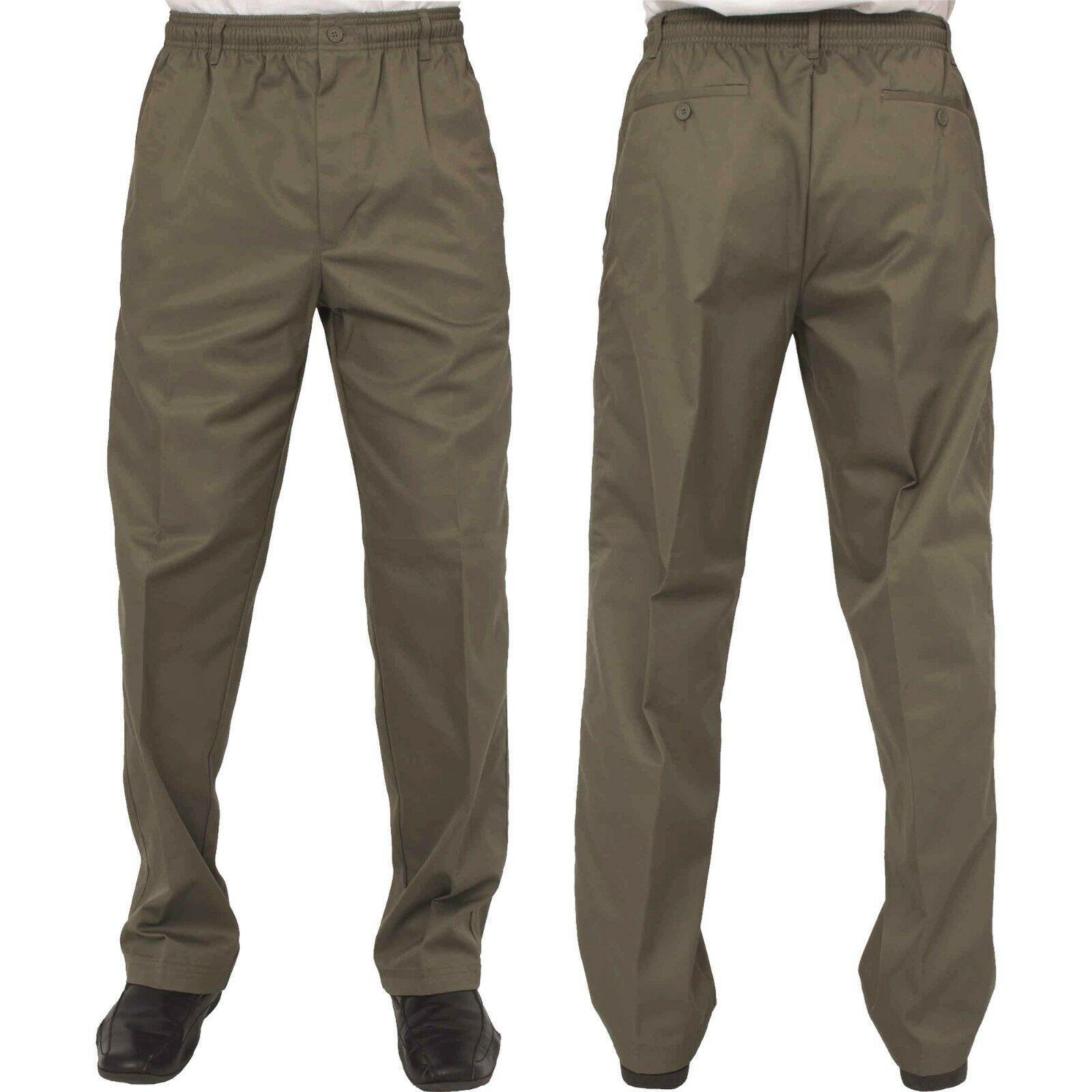Men’s large waist rugby trousers in moss with stretch waistband, sizes 42 to 60
