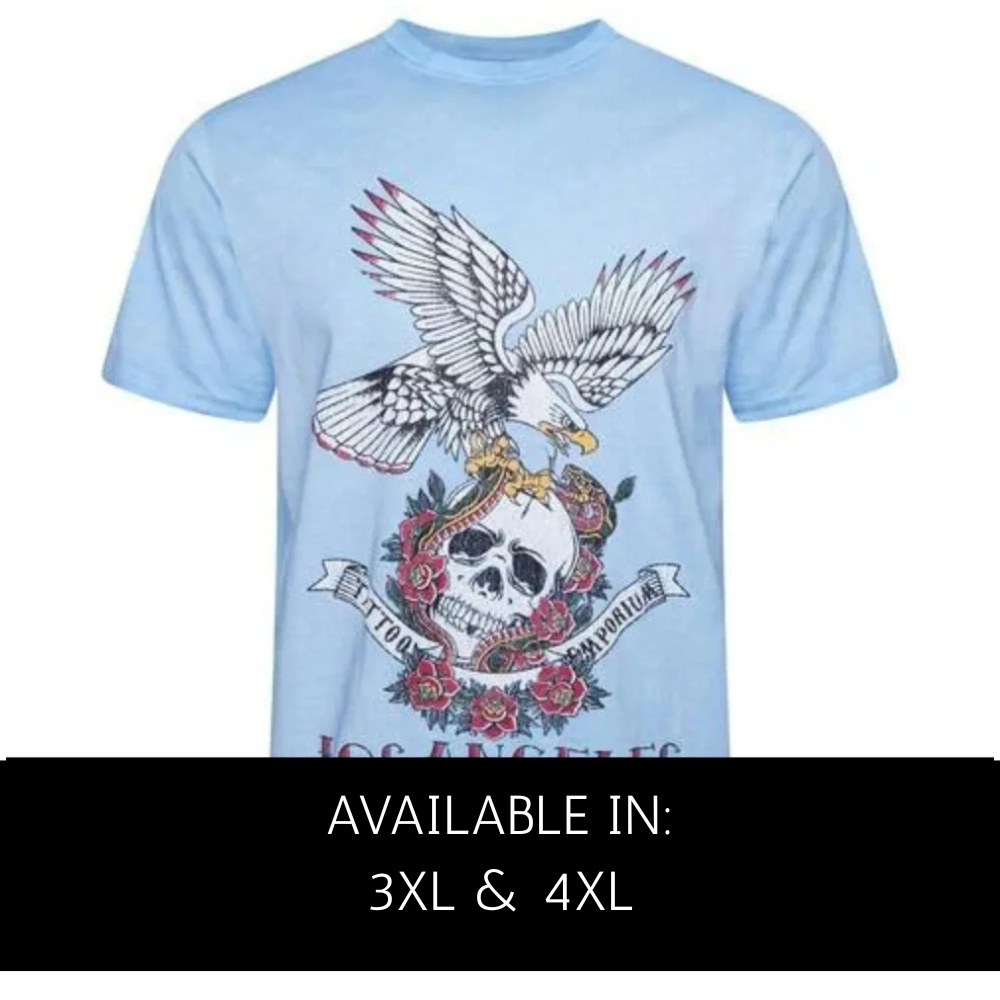 Men's T-shirt with skull and eagle chest graphic (Washed Blue)