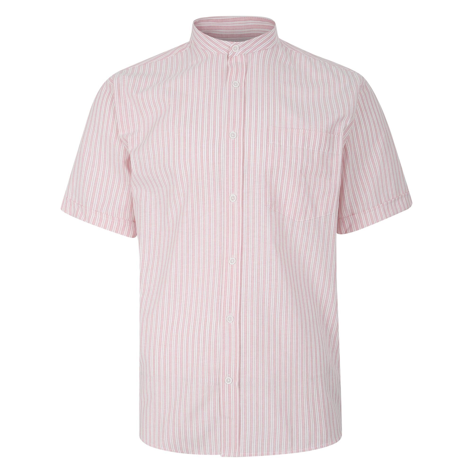 Men's Grandad Collar Shirt with Stripe Pattern (Pink)